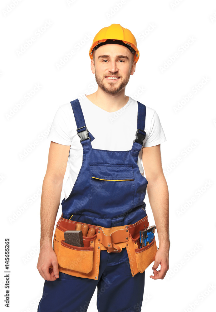 Handsome young carpenter on white background Handsome young carpenter on white background
