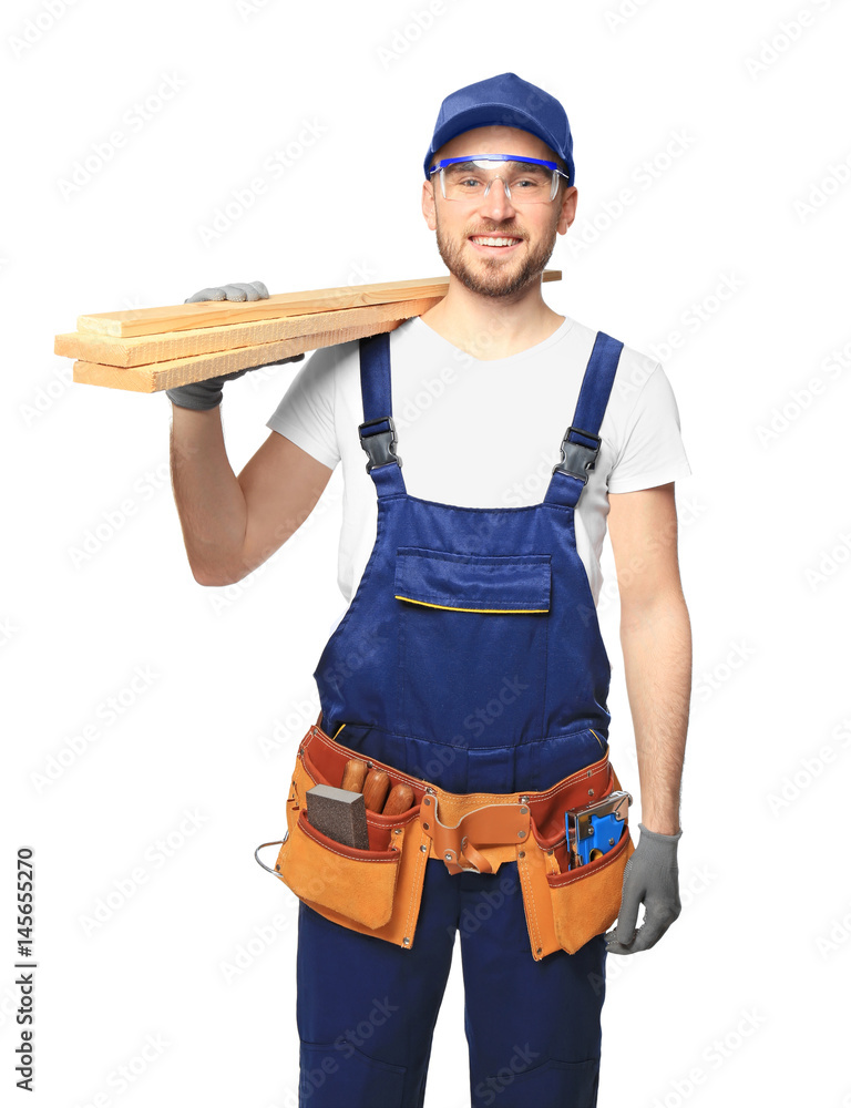 Handsome young carpenter on white background Handsome young carpenter on white background