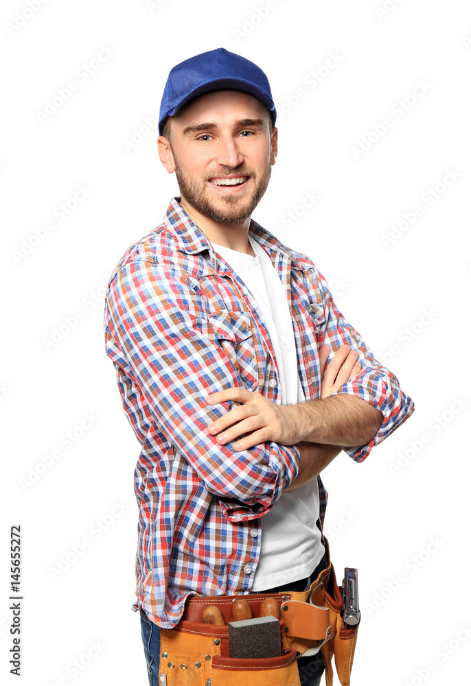 Handsome young carpenter on white background Handsome young carpenter on white background