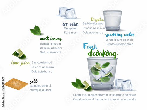 illustration vector info graphic of alcohol cocktail drinking and ingredients, cocktail drinking info graphic design concept