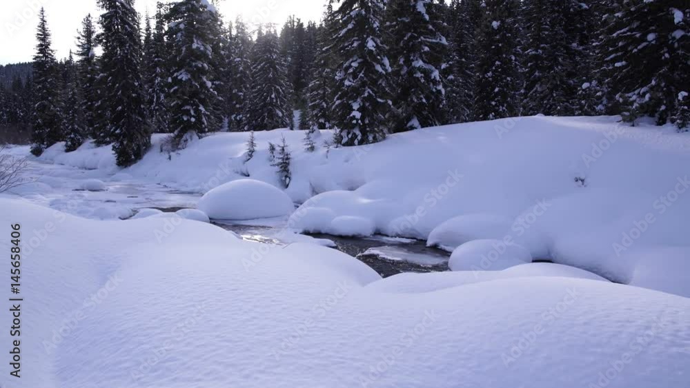 Beautiful winter landscape of snow-covered trees in the forest. A small mountain river. Beautiful winter landscape of snow-covered trees in the forest. A small mountain river.