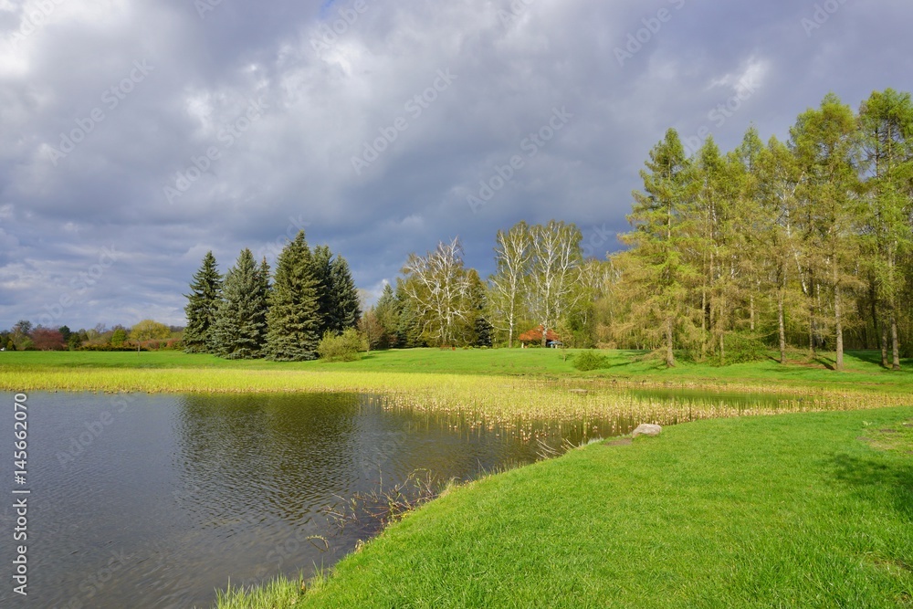 Beautiful spring day on the pond before the storm - beautiful green areas of the city 