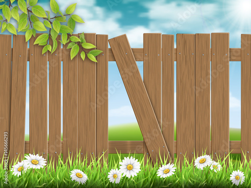 Wooden fence with broken plank on rural landscape background and a branch of a tree on the foreground.. Vector detailed illustration.