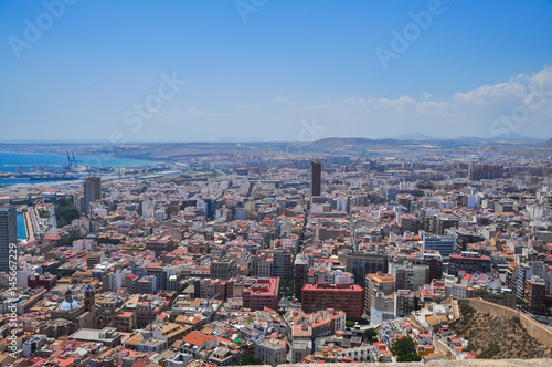 Panoramic view of Alicante city from the watchtower Santa Barbara castle. Valencia province, Spain.