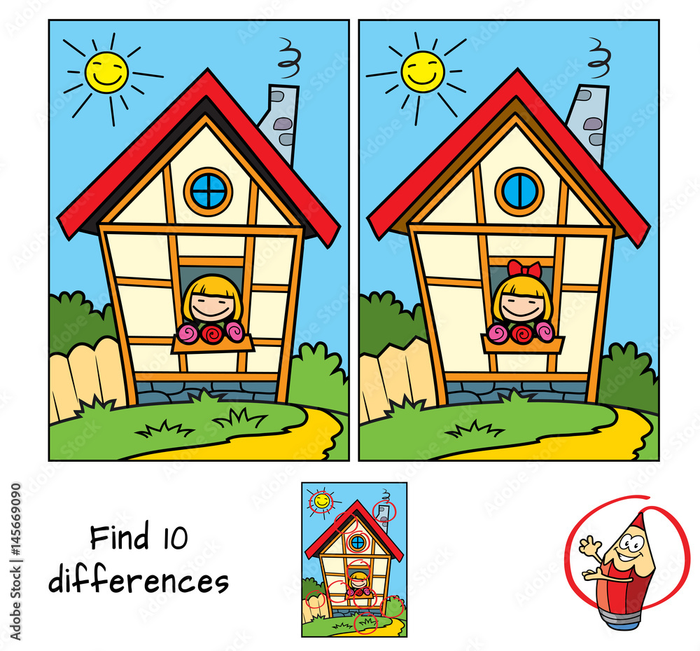 Happy little girl in small house. Find 10 differences. Educational game for  children. Cartoon vector illustration Stock Vector | Adobe Stock