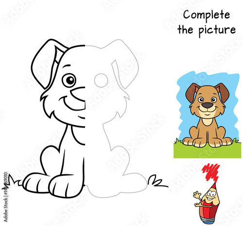 Funny little dog. Complete the picture children drawing game. Coloring book. Cartoon vector illustration