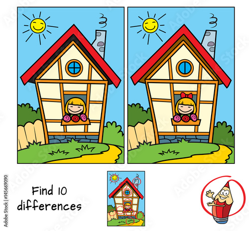 Happy little girl in small house. Find 10 differences. Educational game for children. Cartoon vector illustration