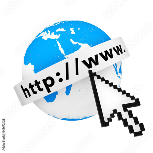 Earth Globe with Internet Address Text and Pixel Cursor. 3d Rendering