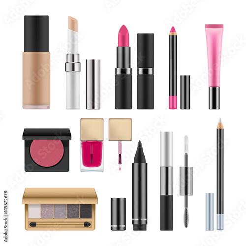 Set of packages for decorative cosmetics. Realistic blank template of containers for eyeliner, eyeshadow, lipstick and lipgloss, red nail polish, pencil for lip and eyes. Vector illustration isolated