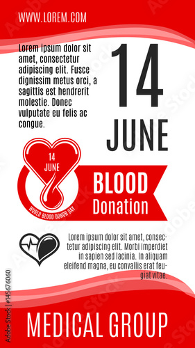 Blood donation vector poster for 14 June social volunteer charity event of World Donor Day. Design of blood and heart, helping hands for donorship medical group or donor center hospital