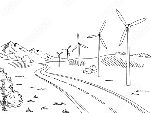 Windmills road graphic black white landscape sketch illustration vector
