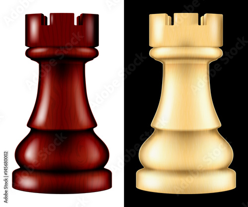 Wooden chess piece Rook, two versions - white and black. Vector illustration.