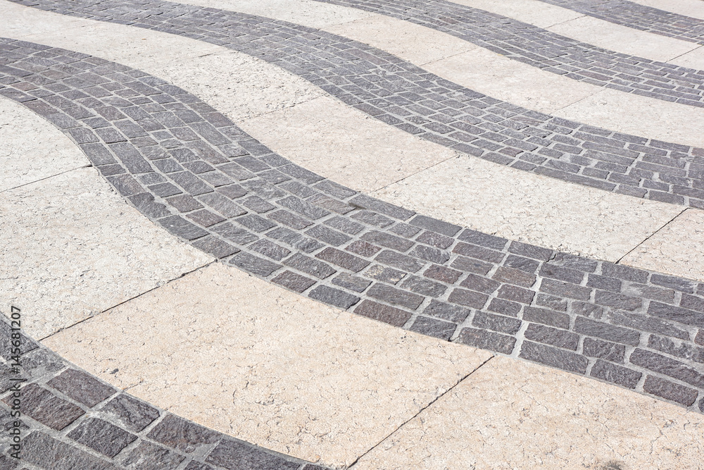 Perspective View of Grunge Cracked White Marble Brick Stone on The Ground for Street Road. Sidewalk, Driveway, Pavers, Pavement in Vintage Design Flooring Square Pattern Texture Background