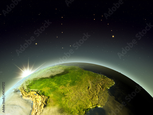 Fototapeta Naklejka Na Ścianę i Meble -  South America from space during sunrise