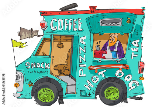 Street food trailer. Traditional fresh snacks and coffee. Urban lifestyle.