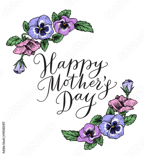 Happy mothers day card with text and frame of vintage botanical 