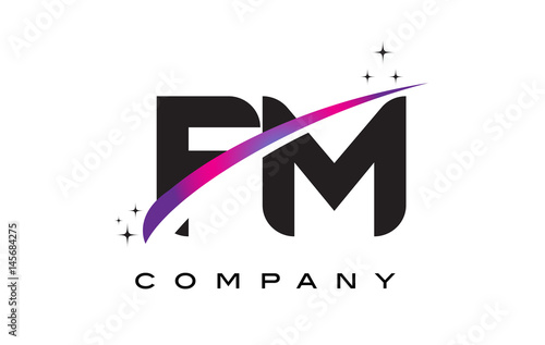 FM F M Black Letter Logo Design with Purple Magenta Swoosh