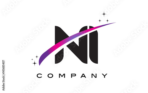 NI N I Black Letter Logo Design with Purple Magenta Swoosh