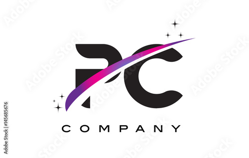 PC P C Black Letter Logo Design with Purple Magenta Swoosh