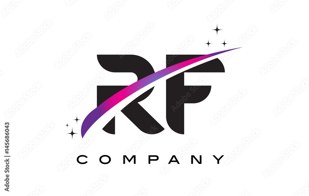 RF R F Black Letter Logo Design with Purple Magenta Swoosh RF R F Black Letter Logo Design with Purple Magenta Swoosh