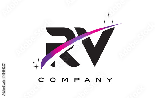 RV R V Black Letter Logo Design with Purple Magenta Swoosh