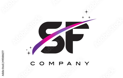 SF S F Black Letter Logo Design with Purple Magenta Swoosh
