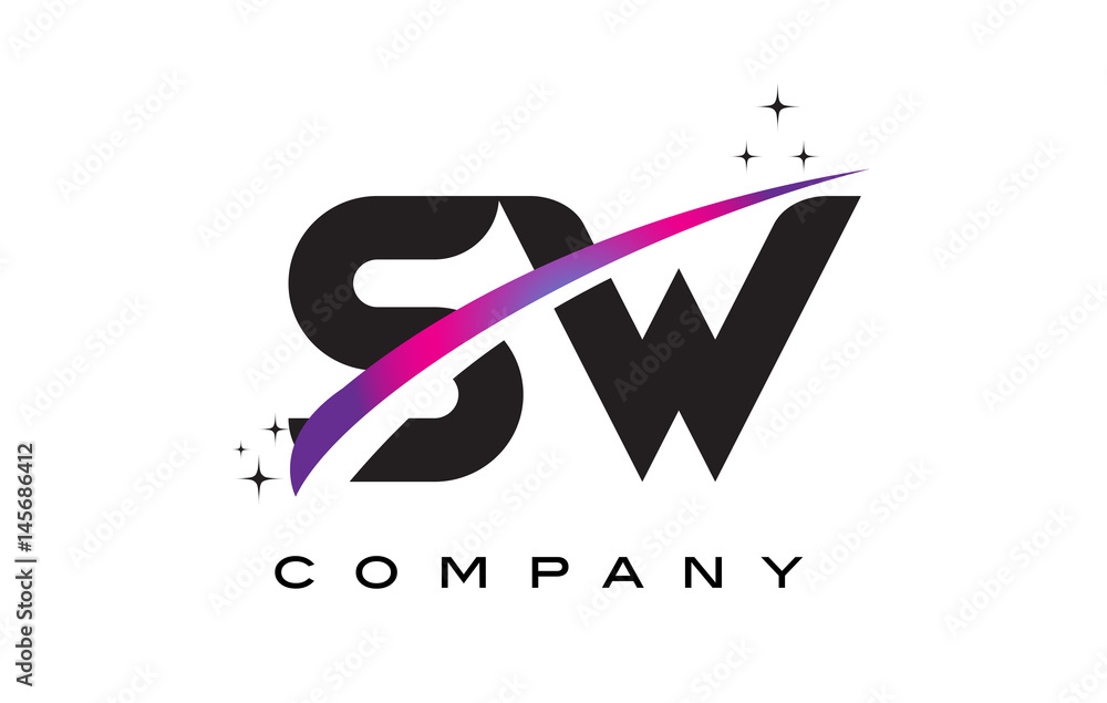 SW S W Black Letter Logo Design with Purple Magenta Swoosh SW S W Black Letter Logo Design with Purple Magenta Swoosh