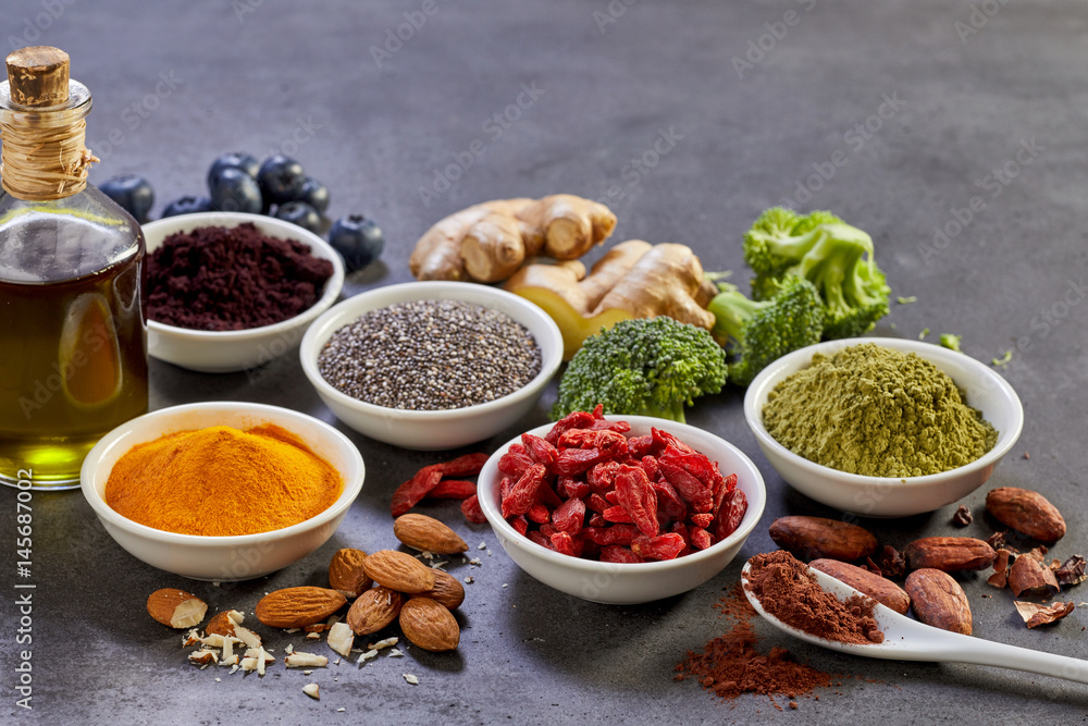 Bowls of colorful spices and ingredients