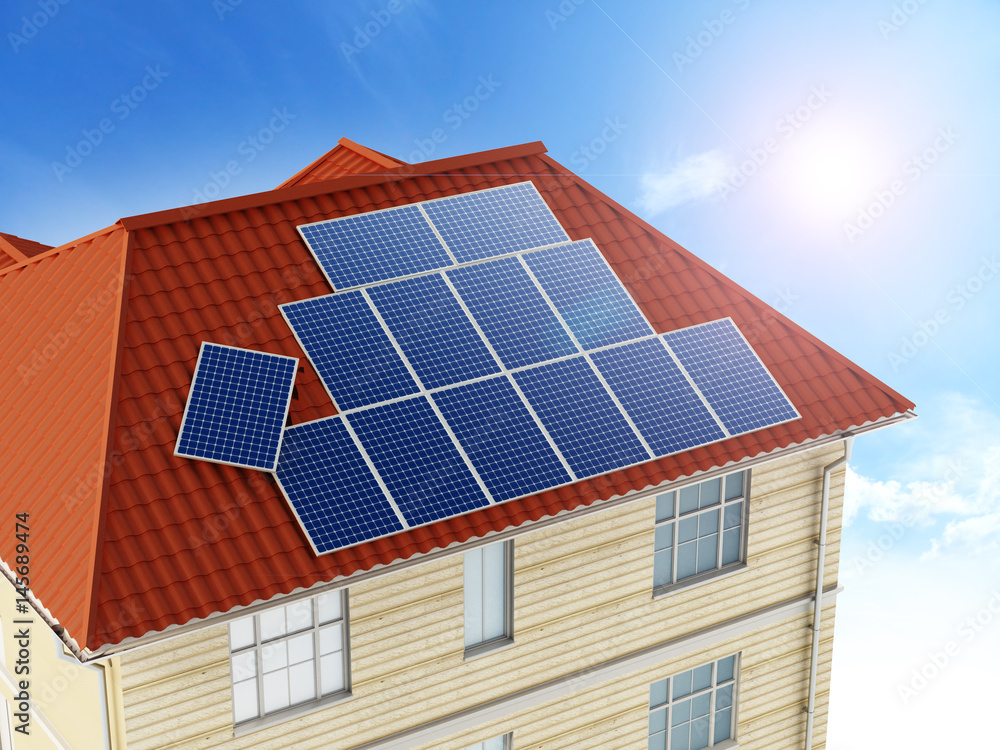 Fototapeta premium Solar panels being installed on building rooftop. 3D illustration