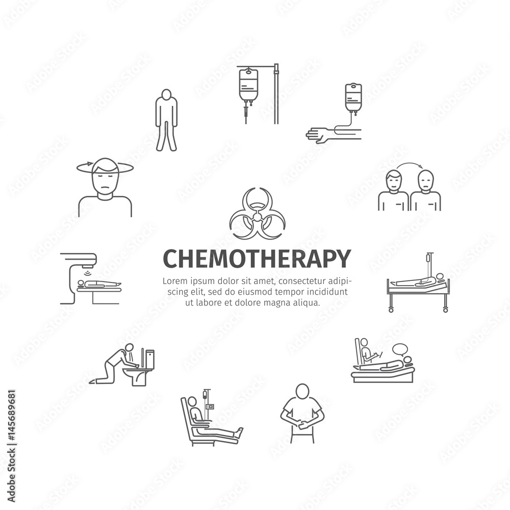 Chemotherapy line icons set. Chemotherapy line icons set.