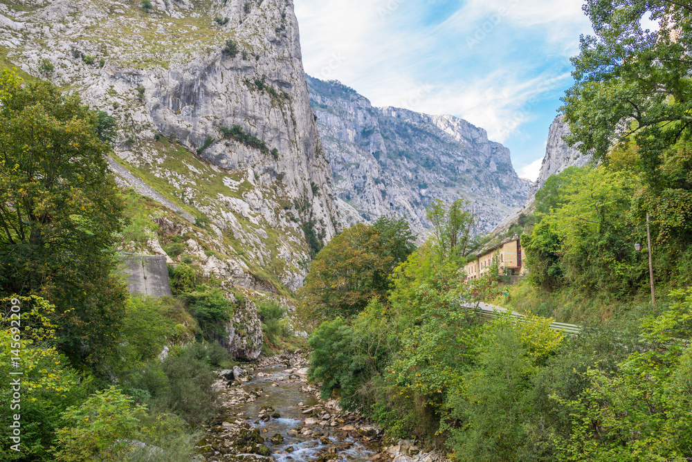 The river Rio Cares in the National Park Los Picos de Europa. The mountain stream is known because of the narrow and spectacular canyon it forms when passing the Picos de Europa