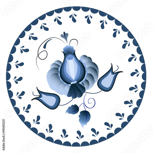 Russian national circular ornament. Blue floral pattern in Gzhel style applied to the ceramic plate.