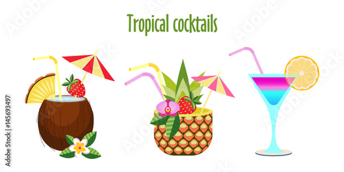 Set of tropical cocktails. Vector illustration. Isolated on a white background.