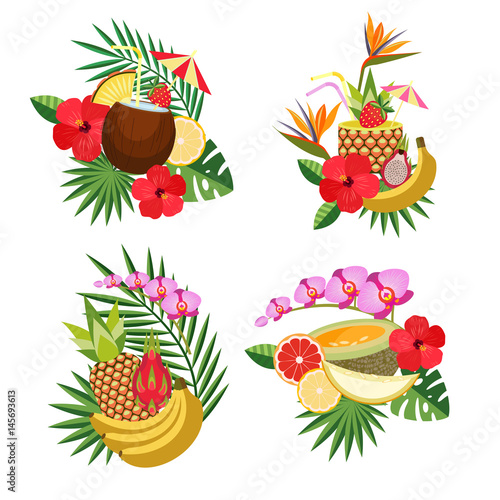 Set  vector elements of tropical cocktails, tropical palm leaves, flowers and fruits. Isolated on a white background.