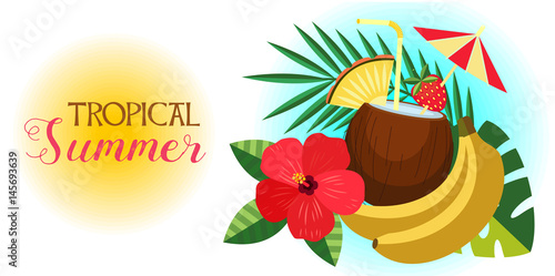 Tropical summer vector illustration. Tropical cocktail in a coconut, palm leaves, bananas and hibiscus flower.