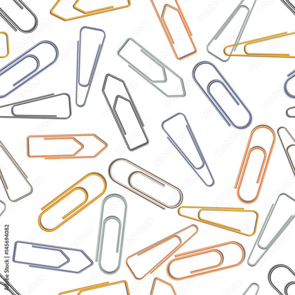 Different metal paper clips on white background, seamless pattern Different metal paper clips on white background, seamless pattern