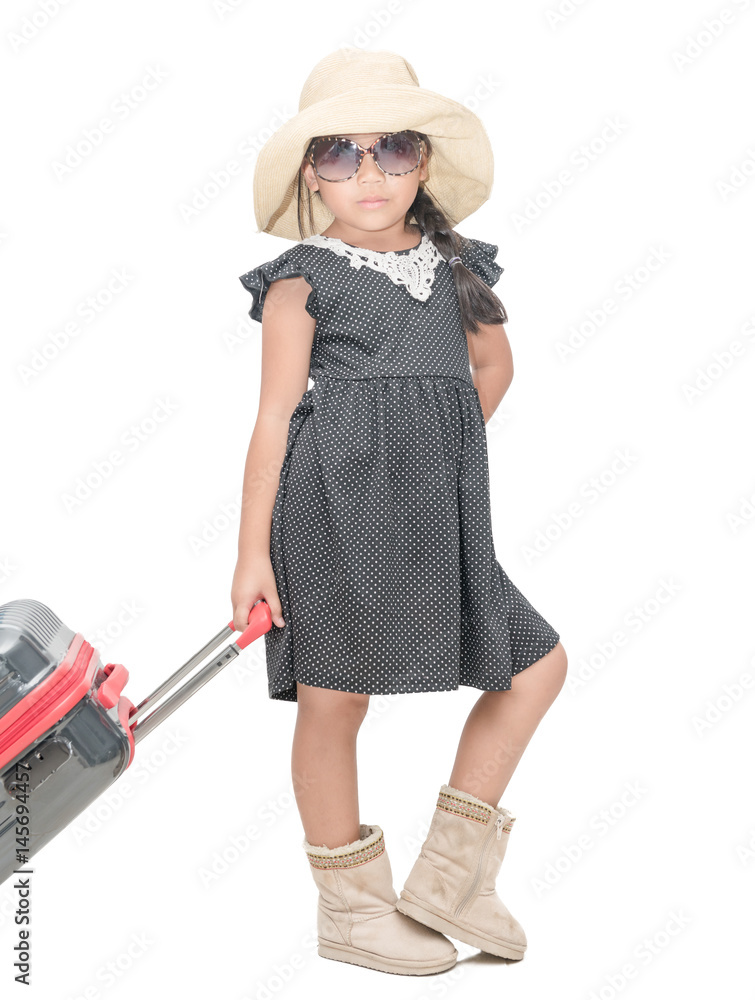 cute girl traveler with suitcase isolated cute girl traveler with suitcase isolated