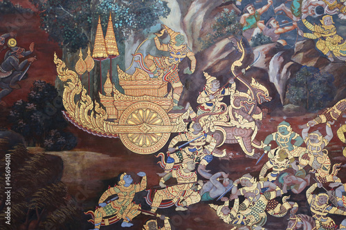 masterpiece of traditional Thai style painting art old about Buddha story on temple wall at Watphao  in Bangkok, Thailand.