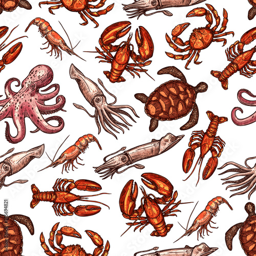 Mollusks and ocean or sea animals seamless pattern of seafood lobster crab and shrimp prawn, turtle, squid or crayfish and octopus crustaceans. Vector sketch © Vector Tradition