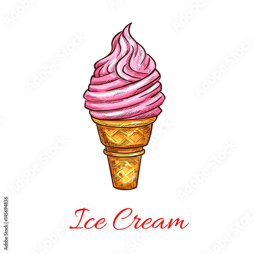 Traditional ice cream in wafer cone sketch. Vector icon for gelateria cafe menu or sign. Frozen iced fruit dessert in waffle of vanilla scoop or sundae eskimo and gelato sorbet