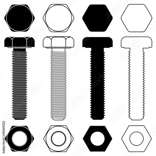 Metal bolt with nut. Outline and silhouette drawing