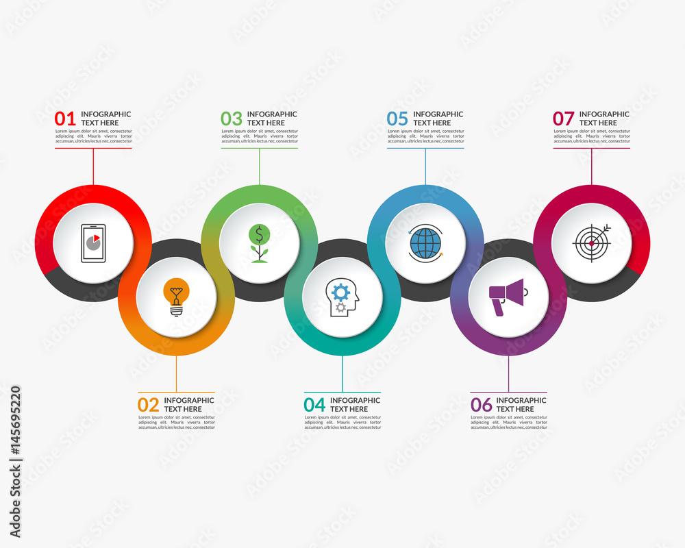 Fototapeta premium Infographic timeline template of 7 circular elements. Can be used for chart, graph, workflow layout, step by step infographics