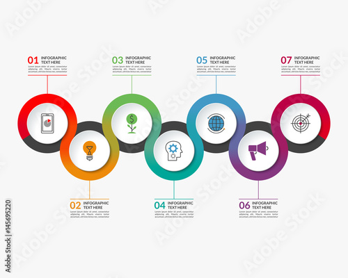 Infographic timeline template of 7 circular elements. Can be used for chart, graph, workflow layout, step by step infographics