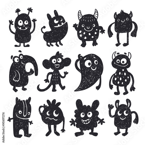 Funny cute doodle hand drawn monsters vector set