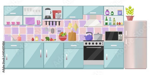Kitchen interior with table, stove, cupboard, dishes, appliances and fridge. Flat design.