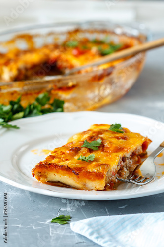 Greek style moussaka with eggplants, ground beef and potatoes.