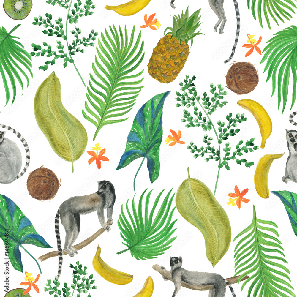 Obraz premium Watercolor painting seamless pattern with tropical flowers,leaves, fruits and lemurs