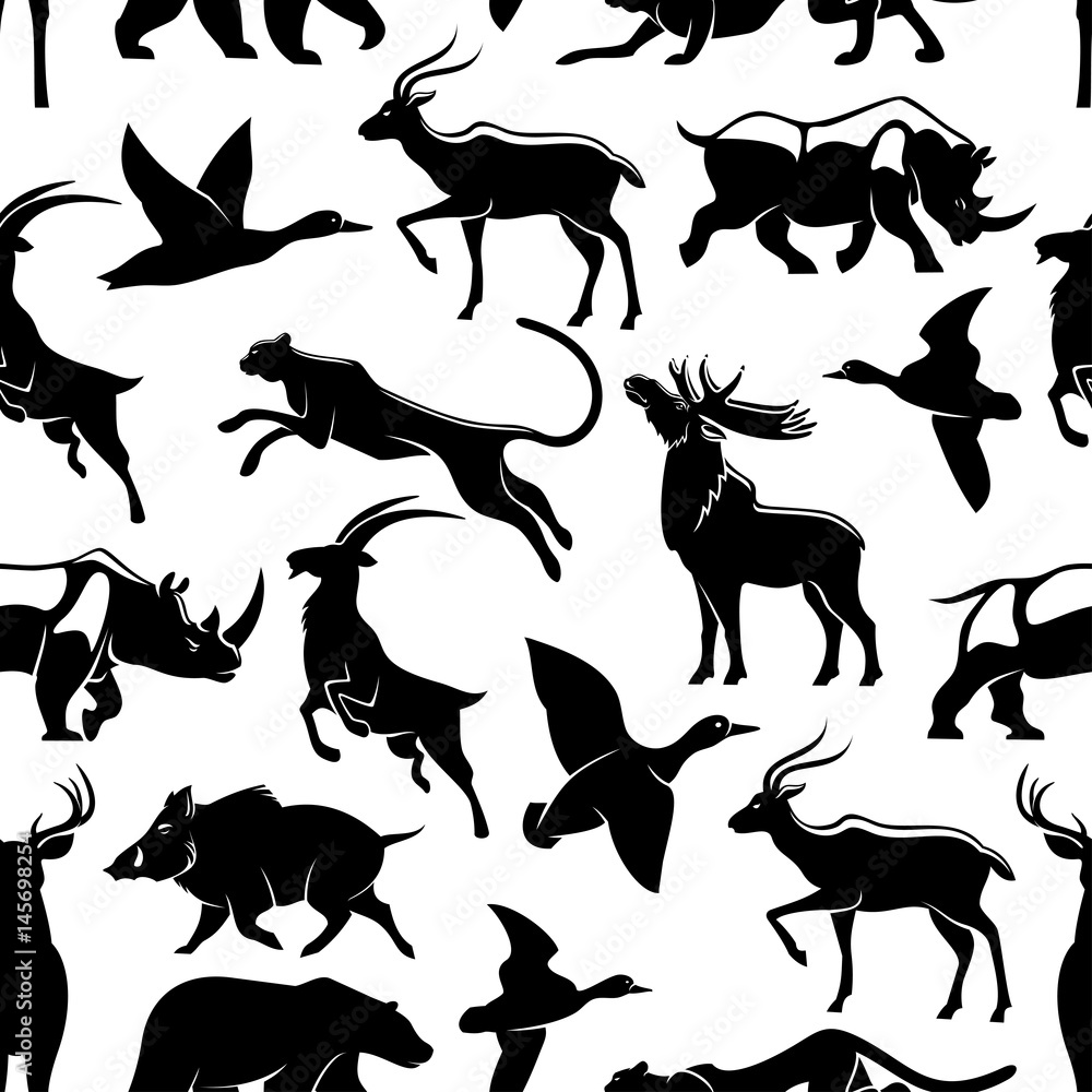 Hunting vector seamless pattern. Silhouettes of African cheetah panther or  puma cat, forest elk or deer and aper boar, grizzly bear or savanna  rhinoceros and mountain goat, gazelle and duck Stock Vector
