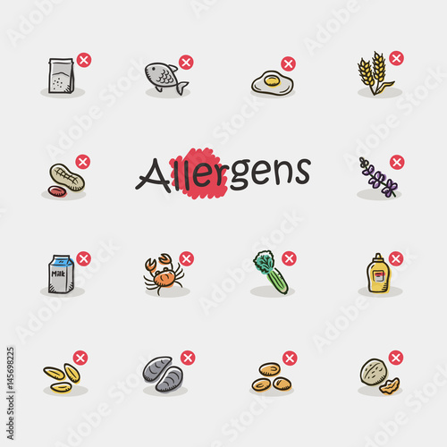 Set of allergens icons isolated on light background. Contains such icons as fish, egg, peanut, milk, sesame and more.