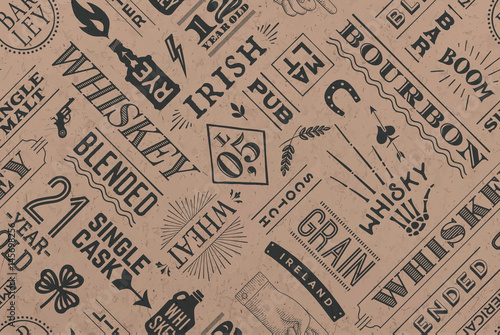 Fototapete Seamless pattern with types of whiskey and hand drawn lettering for bar, pub, cafe, fest and party